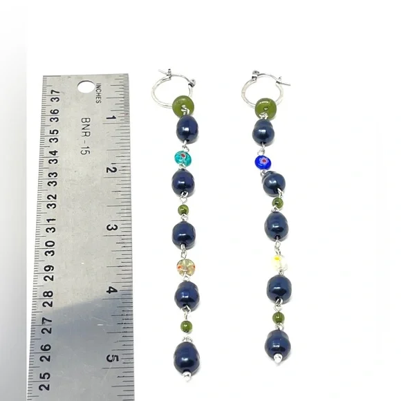 New Free People Regina Glass Bead Drop Dangle Earrings Blue Silver - Picture 4 of 4